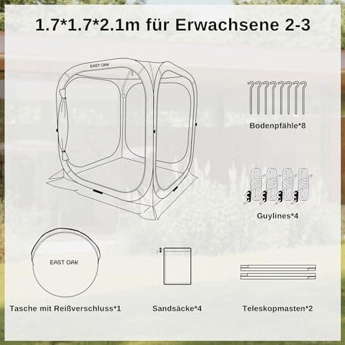 EAST OAK Pop Up Zelt 2-3 Personen - ideal für Familie, Camping und Garten - Wasserdicht, UV-Schutz, 360° Belüftung, Anti