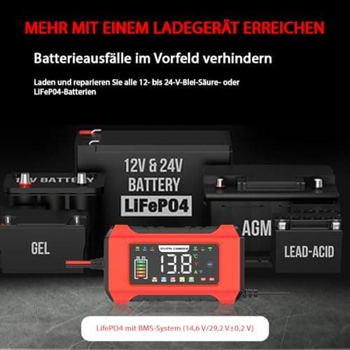 Aibeau 12V/24V Intelligentes Auto Ladegerät, 9-Stufen-Ladung mit LCD-Bildschirm für AGM, Gel Blei-Säure- und LiFePO4-Bat