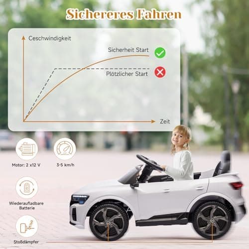 HAUSPROFI Elektro Kinderauto mit Bluetooth für Kinder 3-6 Jahre - Weiß | Sicherheitsgurt, Musik, Fernbedienung