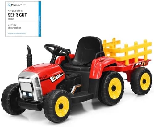 COSTWAY 12V 3-Gang Traktor mit LED Lichtern, Musik & Hupe für Kinder ab 3 Jahre - Grün