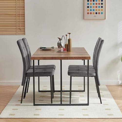 NORDICANA Grauer Esstisch Set 4er Stühle, Rechteckig MDF-Holztisch + Polsterstuhl Samtbezug, für Küche, Büro, Balkon, Re