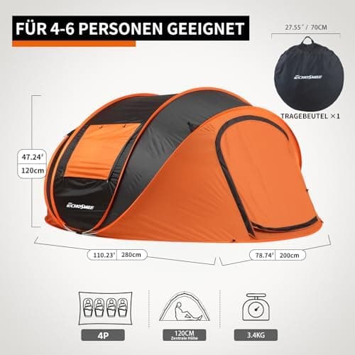 EchoSmile Pop-up-Zelt 4-8 Personen, wasserdicht mit 2 Belüftungsfenstern &.Fail-Safe-Unterstützung, Familienzelt & Outdo