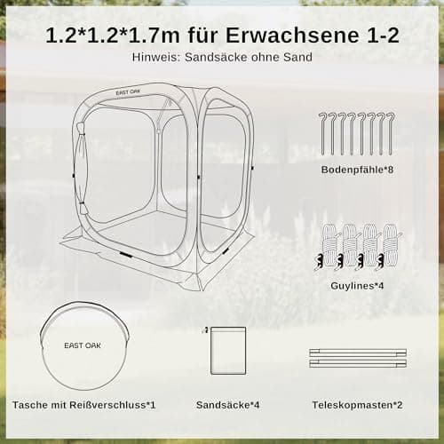 EAST OAK Pop Up Zelt 2-3 Personen - ideal für Familie, Camping und Garten - Wasserdicht, UV-Schutz, 360° Belüftung, Anti
