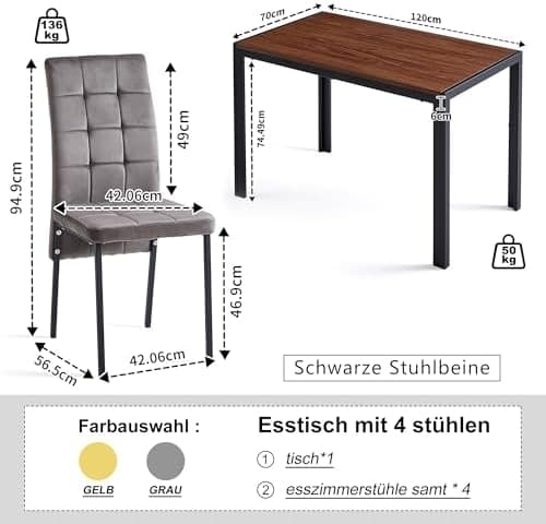 NORDICANA Grauer Esstisch Set 4er Stühle, Rechteckig MDF-Holztisch + Polsterstuhl Samtbezug, für Küche, Büro, Balkon, Re