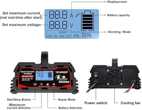 Yinleader intelligenter Autobatterieladegerät für Motorrad mit LCD-Display und Vollautomatisches Erhaltungsladung