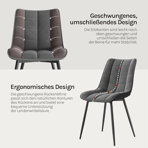 WOLTU Esszimmerstühle 2er Set, gepolstert mit Samt, für Wohn- und Esszimmer, Hochlastige Küchenstühle, Dunkelgrau