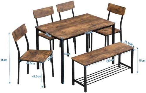 HAUSPROFI Vintagebrauner Esszimmertisch mit 6er Set Stühlen und Sitzbank, 70x110x75cm, Stahlrahmen, Küchentisch-Stil, Id