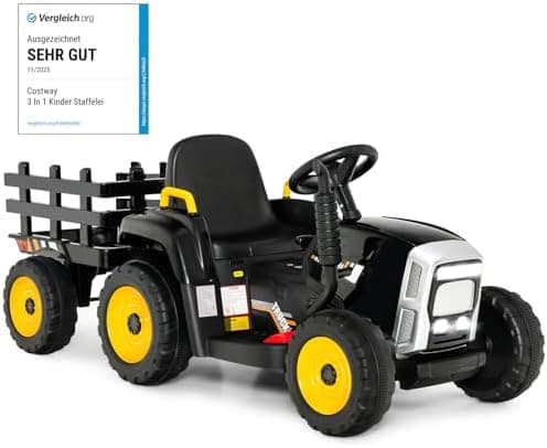 COSTWAY 12V 3-Gang Traktor mit LED Lichtern, Musik & Hupe für Kinder ab 3 Jahre - Grün