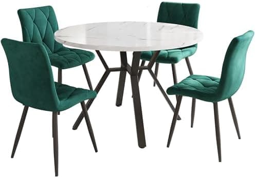Runder Esstisch Set für 4 Personen mit Schwarzen Metallbeinen und Grün Samt Stühlen
| Esstrik Set Rund 100x100x75 cm 4