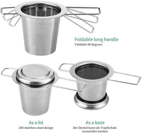 3 Stück Teesieb für Losen Tee, Edelstahl mit Deckel und Faltbare Griffe, ideal für Tassen und Tee-Schalen
