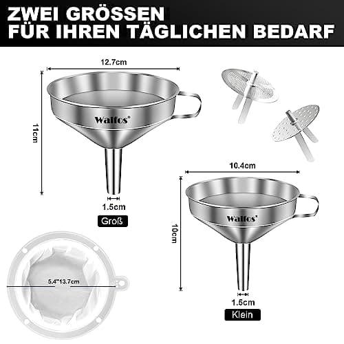 Walfos Trichter Set aus Edelstahl für Küche mit 2 abnehmbaren Siebfilter für Speiseöle, Marmelade und Reinigungsbürste |