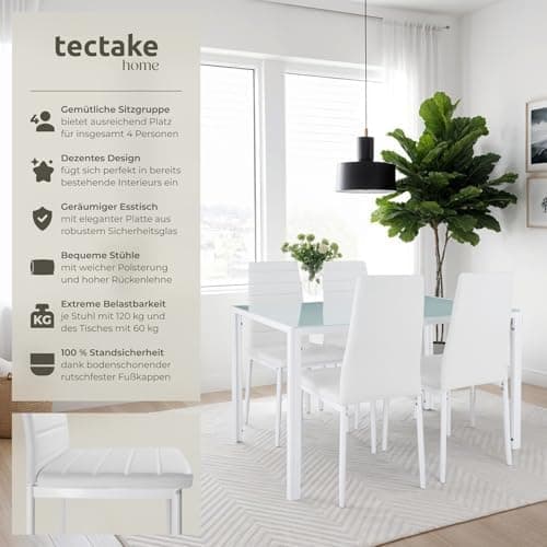 Tectake Essgruppe Set - stabil, modern, schwarz | Tisch und 4X Stuhl | Kunstleder, Sicherheitsglas | für Familie und Fre