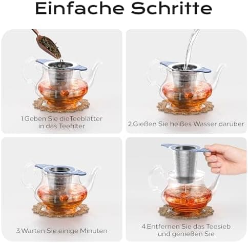 Teesieb für Teekannen mit Deckel und Breiter Griff, hitzebeständiges Silikon, 304 Edelstahl, ideal für lange Teekräuter