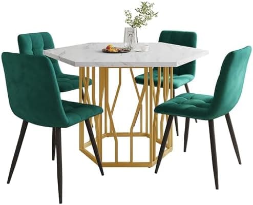 HAUSPROFI Küchen Esstisch Set für Küche Esszimmer Wohnzimmer - 5-teiliges Sechseckiges Esstisch Set mit 4 Stühlen (Grau