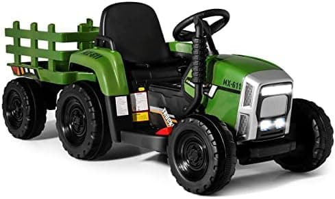 COSTWAY 12V 3-Gang Traktor mit LED Lichtern, Musik & Hupe für Kinder ab 3 Jahre - Grün