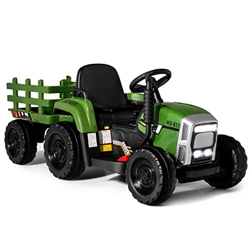 COSTWAY 12V 3-Gang Traktor mit LED Lichtern, Musik & Hupe für Kinder ab 3 Jahre - Grün