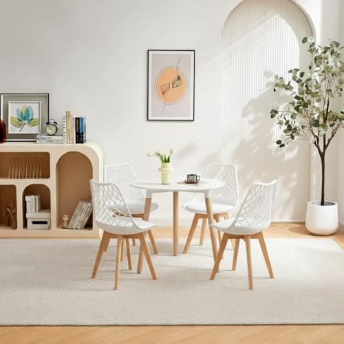 **White Round Dining Table with 4 White Dining Chairs 4 Piece Set for Dining Room, Kitchen, Living Room**
| **White Din