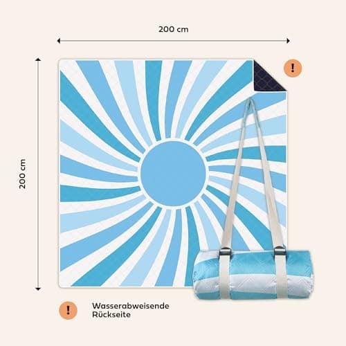 Picknickdecken Sonne - extra große 200x200 cm - waschbare Stranddecke -Outdoor-Decke wasserabweisend