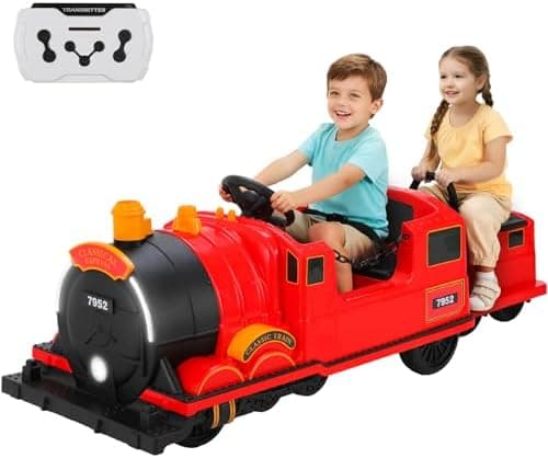MAMIZO Elektro Zug mit Zugwaggon - Kinder Elektroauto 12V - für Kinder 3-8 Jahre - Schaukelmodus, Musik & Hupe - Rot