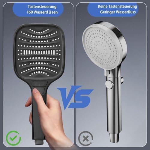 Duschbrause Duschkopf – Wassersparender Duschkopf mit 8 Strahlarten und Stoppfunktion, groß, Silber Chrom