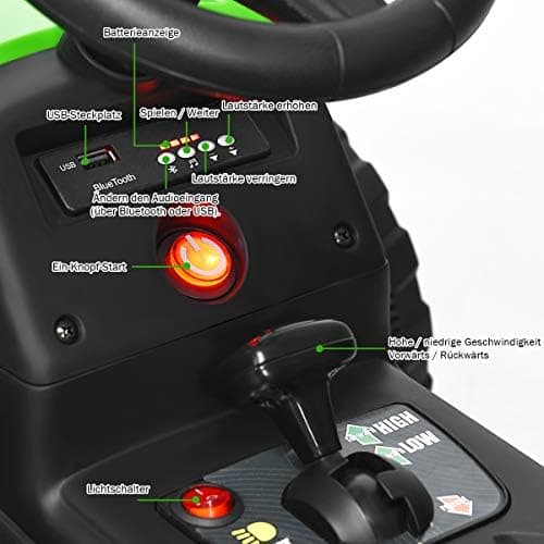 COSTWAY 12V 3-Gang Traktor mit LED Lichtern, Musik & Hupe für Kinder ab 3 Jahre - Grün