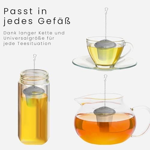 Teesieb 2er Set Edelstahl – Loser Tee & Kräuter – Abtropfschale & Kette – Wiederverwertbar, spülmaschinenfest, BPA-frei