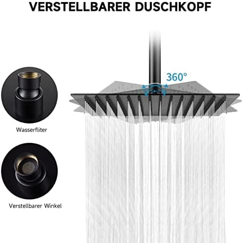 HAUSPROFI Kopfbrause mit Regendusche - Luxus Selbstreinigende Düsen für Duschkopf - Quadratisch Mattschwarz (30CM)  
HAU