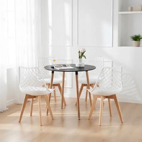**White Round Dining Table with 4 White Dining Chairs 4 Piece Set for Dining Room, Kitchen, Living Room**
| **White Din