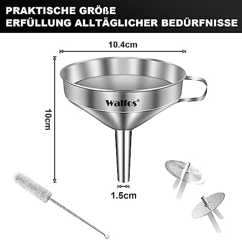 Walfos Trichter Set aus Edelstahl für Küche mit 2 abnehmbaren Siebfilter für Speiseöle, Marmelade und Reinigungsbürste |