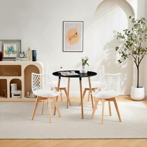**White Round Dining Table with 4 White Dining Chairs 4 Piece Set for Dining Room, Kitchen, Living Room**
| **White Din