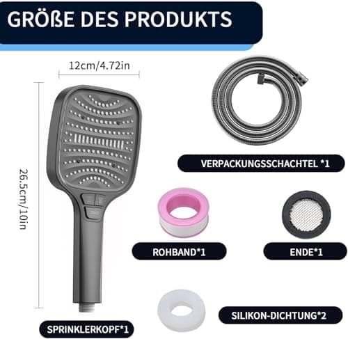 Duschbrause Duschkopf – Wassersparender Duschkopf mit 8 Strahlarten und Stoppfunktion, groß, Silber Chrom