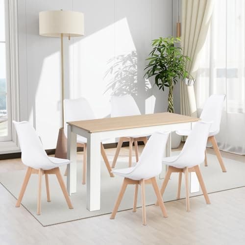 Esszimmergruppe Esstisch 120CM Rechteckig Holz + 4er Stühle grau Eiche-Weiß Tischbein für Wohnzimmer Küche Büro