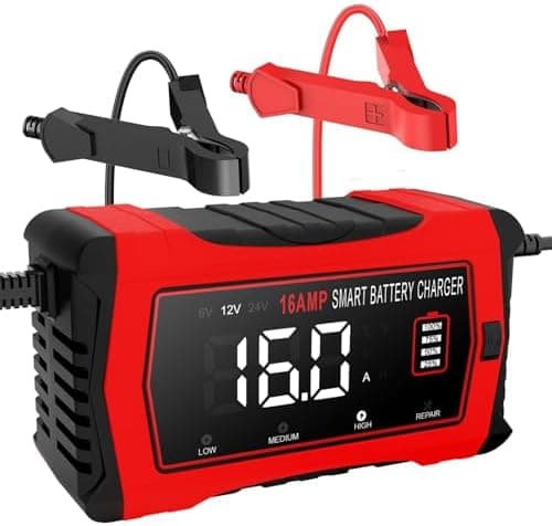 HTRC 16A Autobatterieladegerät, 6V/12V/24V-Ladegerät für Autofahrer, Motorrad- und Rasenmähernutzung, Lithium und LiFePO
