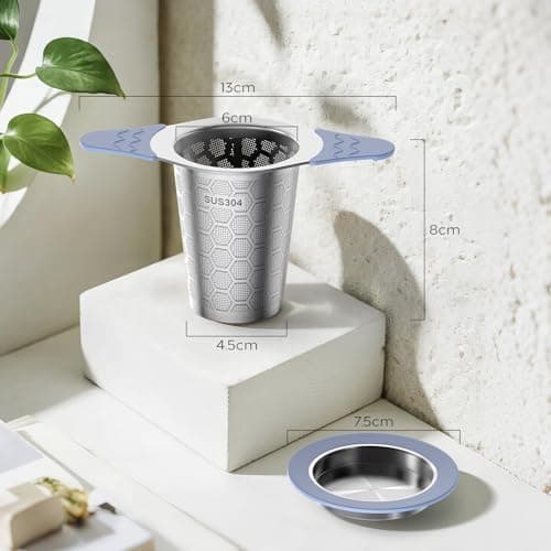 Teesieb für Teekannen mit Deckel und Breiter Griff, hitzebeständiges Silikon, 304 Edelstahl, ideal für lange Teekräuter