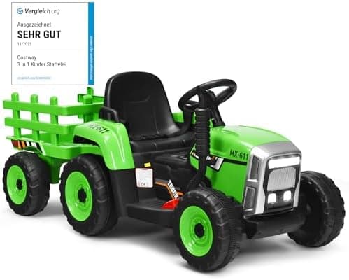 COSTWAY 12V 3-Gang Traktor mit LED Lichtern, Musik & Hupe für Kinder ab 3 Jahre - Grün