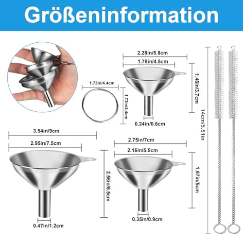 3 Stück Edelstahl Trichter Set für Küche, mit Reinigungsbürsten (7,5/5,5/4,5cm)  
3 Stück Edelstahl Trichter für Mini Kü