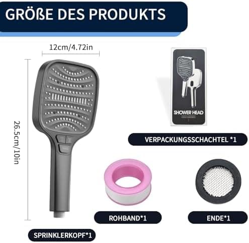 Duschbrause Duschkopf – Wassersparender Duschkopf mit 8 Strahlarten und Stoppfunktion, groß, Silber Chrom