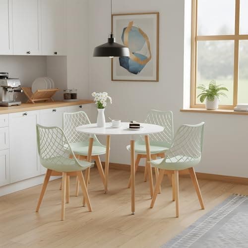 **White Round Dining Table with 4 White Dining Chairs 4 Piece Set for Dining Room, Kitchen, Living Room**
| **White Din