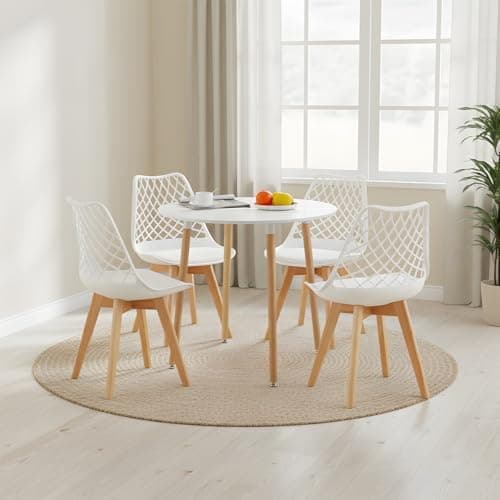 **White Round Dining Table with 4 White Dining Chairs 4 Piece Set for Dining Room, Kitchen, Living Room**
| **White Din