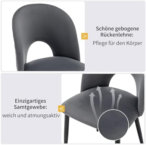 HAUSPROFI Esszimmertisch mit 4 Stühlen (Grau+Schwarz) - 68x117x75cm - Samt-Sitzpolster - Modern Möbelset für Hausprofi-E