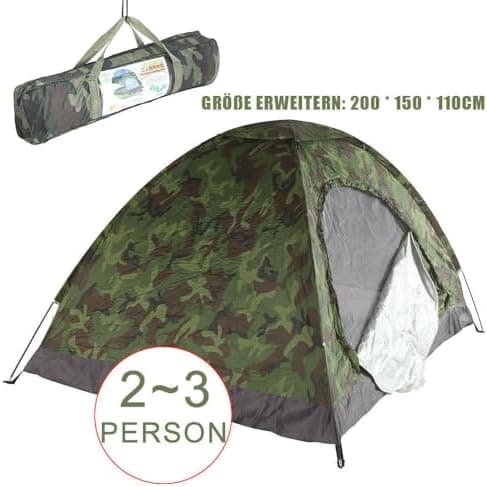 Wasserdichtes Kuppelzelt Camping für 2-3 Personen FloodZelte Camouflage Tragetasche Trekking Reise 200x150x110cm