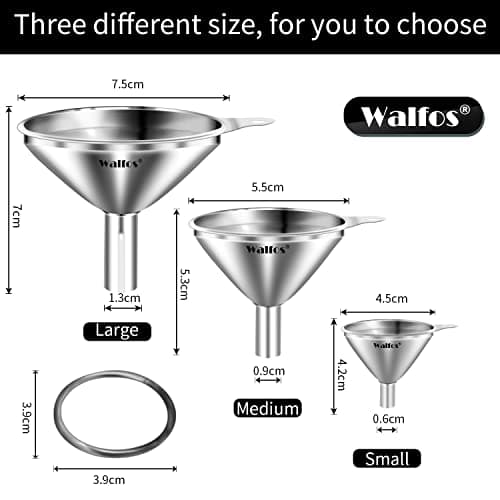 Walfos Trichter Set aus Edelstahl für Küche mit 2 abnehmbaren Siebfilter für Speiseöle, Marmelade und Reinigungsbürste |