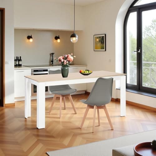 Esszimmergruppe Esstisch 120CM Rechteckig Holz + 4er Stühle grau Eiche-Weiß Tischbein für Wohnzimmer Küche Büro