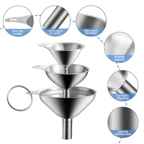 3 Stück Edelstahl Trichter Set für Küche, mit Reinigungsbürsten (7,5/5,5/4,5cm)  
3 Stück Edelstahl Trichter für Mini Kü
