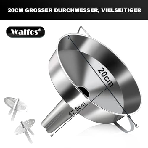 Walfos Trichter Edelstahl Groß 20cm - Perfekt für Flüssigkeiten, Marmelade und Trockene Zutaten mit 2 Abnehmbaren Sieben