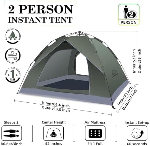 Camping 2 Mann Wasserdichtes Pop Up Zelt 2 Personen Trekking & Festival Igluzelt Sekundenzelt 230x170x135cm Perfekter Wi