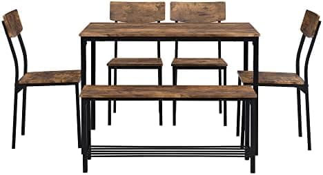 HAUSPROFI Vintagebrauner Esszimmertisch mit 6er Set Stühlen und Sitzbank, 70x110x75cm, Stahlrahmen, Küchentisch-Stil, Id