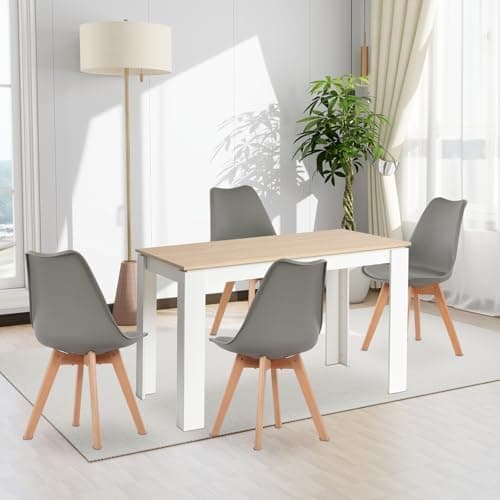 Esszimmergruppe Esstisch 120CM Rechteckig Holz + 4er Stühle grau Eiche-Weiß Tischbein für Wohnzimmer Küche Büro