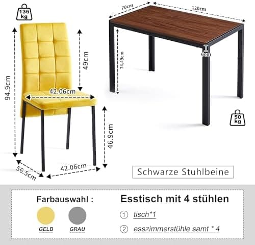 NORDICANA Grauer Esstisch Set 4er Stühle, Rechteckig MDF-Holztisch + Polsterstuhl Samtbezug, für Küche, Büro, Balkon, Re