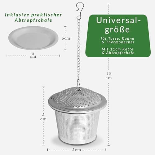 Teesieb 2er Set Edelstahl – Loser Tee & Kräuter – Abtropfschale & Kette – Wiederverwertbar, spülmaschinenfest, BPA-frei